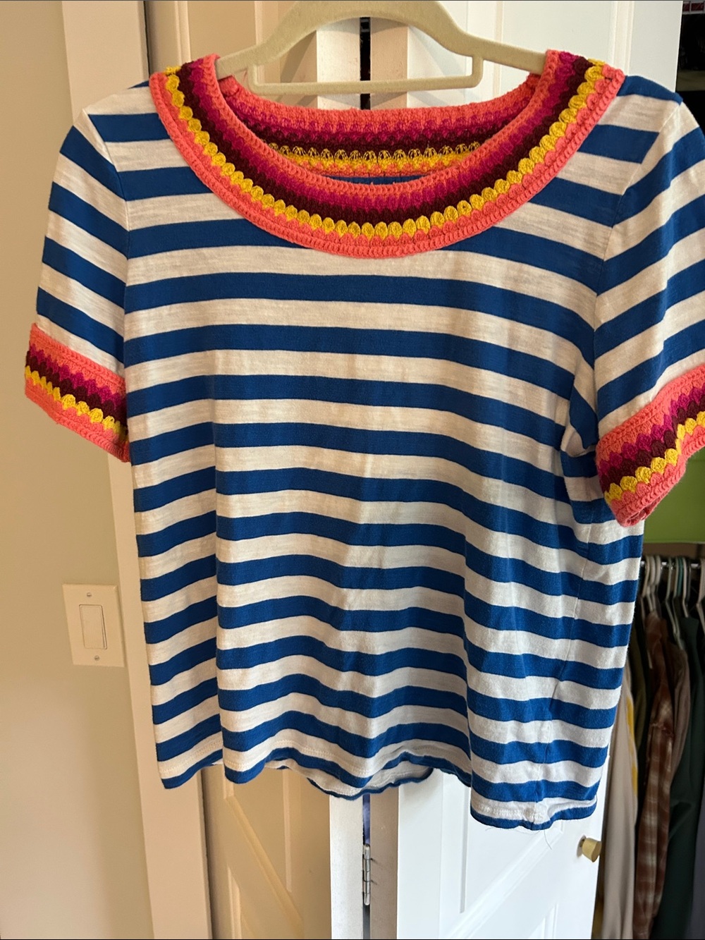Blue & White Striped Tee with Pink Crochet Trim